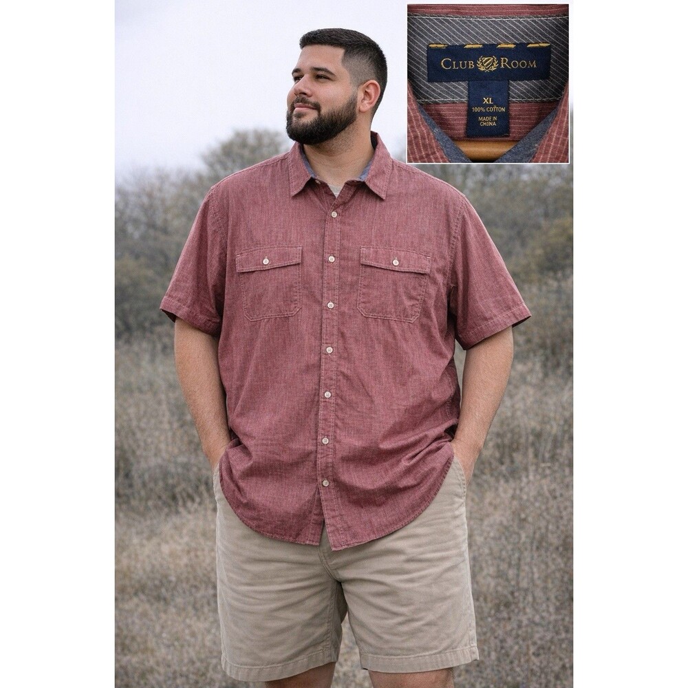Club Room Mens XL Red Chambray Button Up Shirt Short Sleeve Casual Cotton